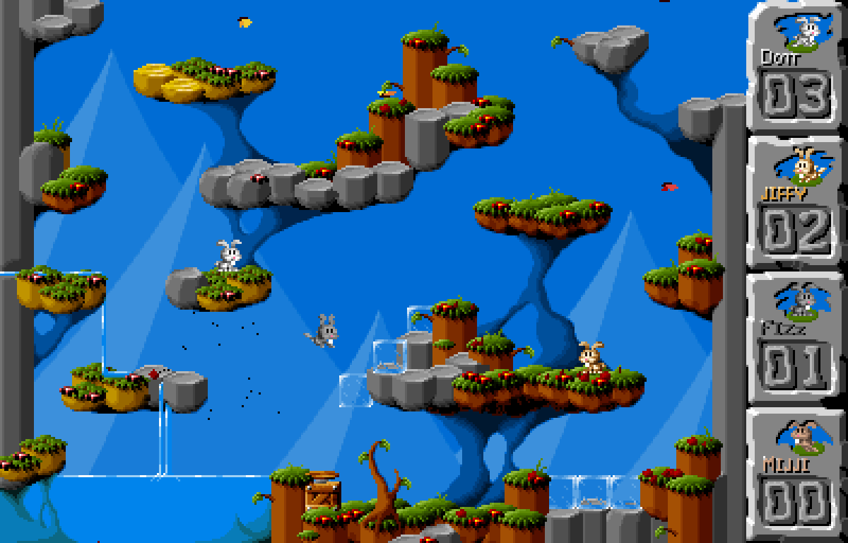 Screenshot of the Jump ’n Bump video game. Shows a colourful pixellated game level with a blue sky background and floating islands of brown dirt topped with vivid green grass. Two bunnies stand on separate islands while one is an mid-air jump